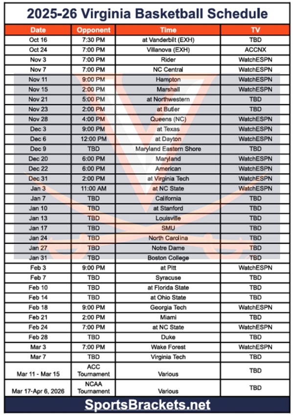 Printable 2025-26 Virginia Basketball Schedule; PDF format, TV Broadcasts Printable 2025-26 Virginia Basketball Schedule; PDF format, TV Broadcasts