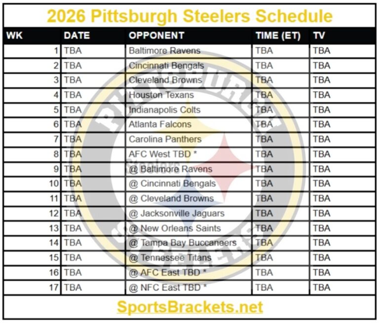 Printable 2026 Pittsburgh Steelers Schedule; Matchups and TV Broadcasts
