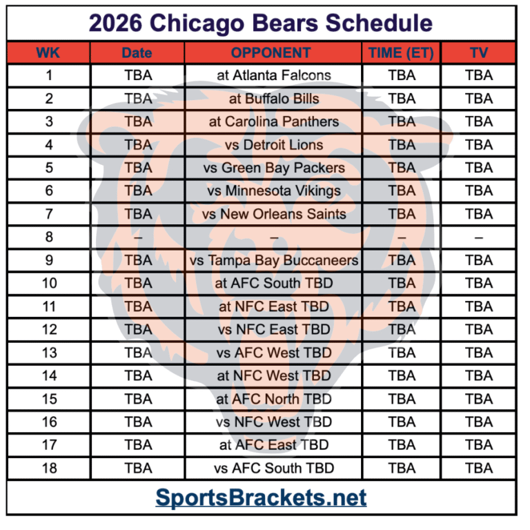 Printable 2026 Chicago Bears Schedule; Matchups and TV Broadcasts